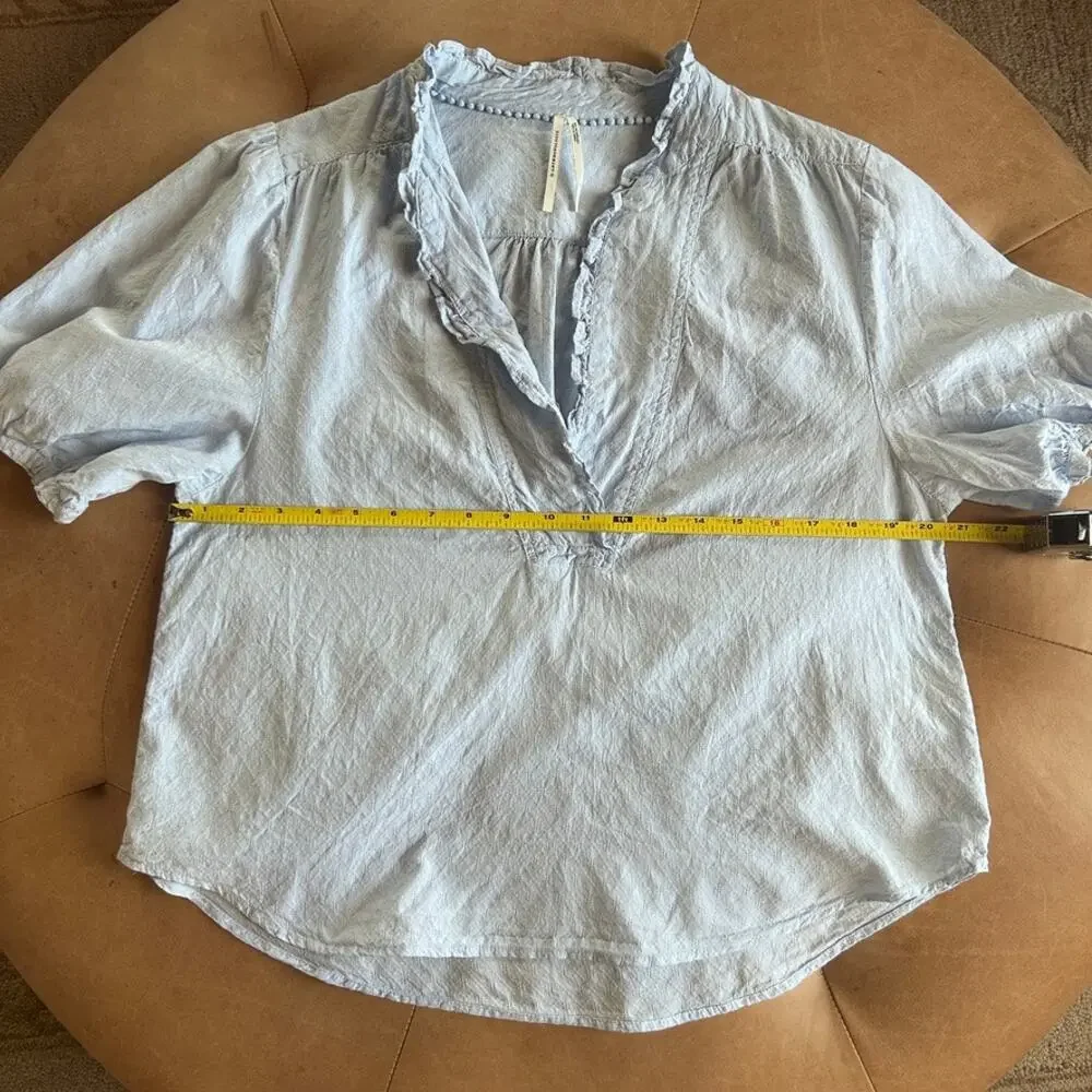 Anthro Anthropologie Cotton Peasant Blouse Puff Sleeve Ruffle Cottagecore Blue M